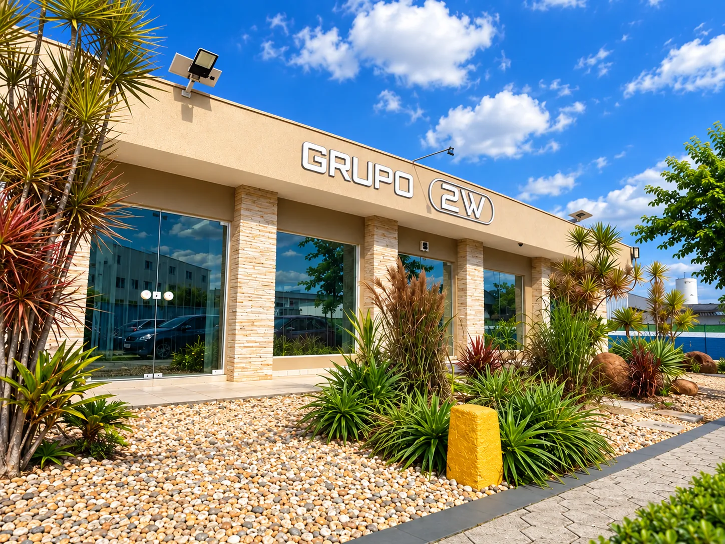 Fachada do Grupo 2W com jardim e identificação da empresa